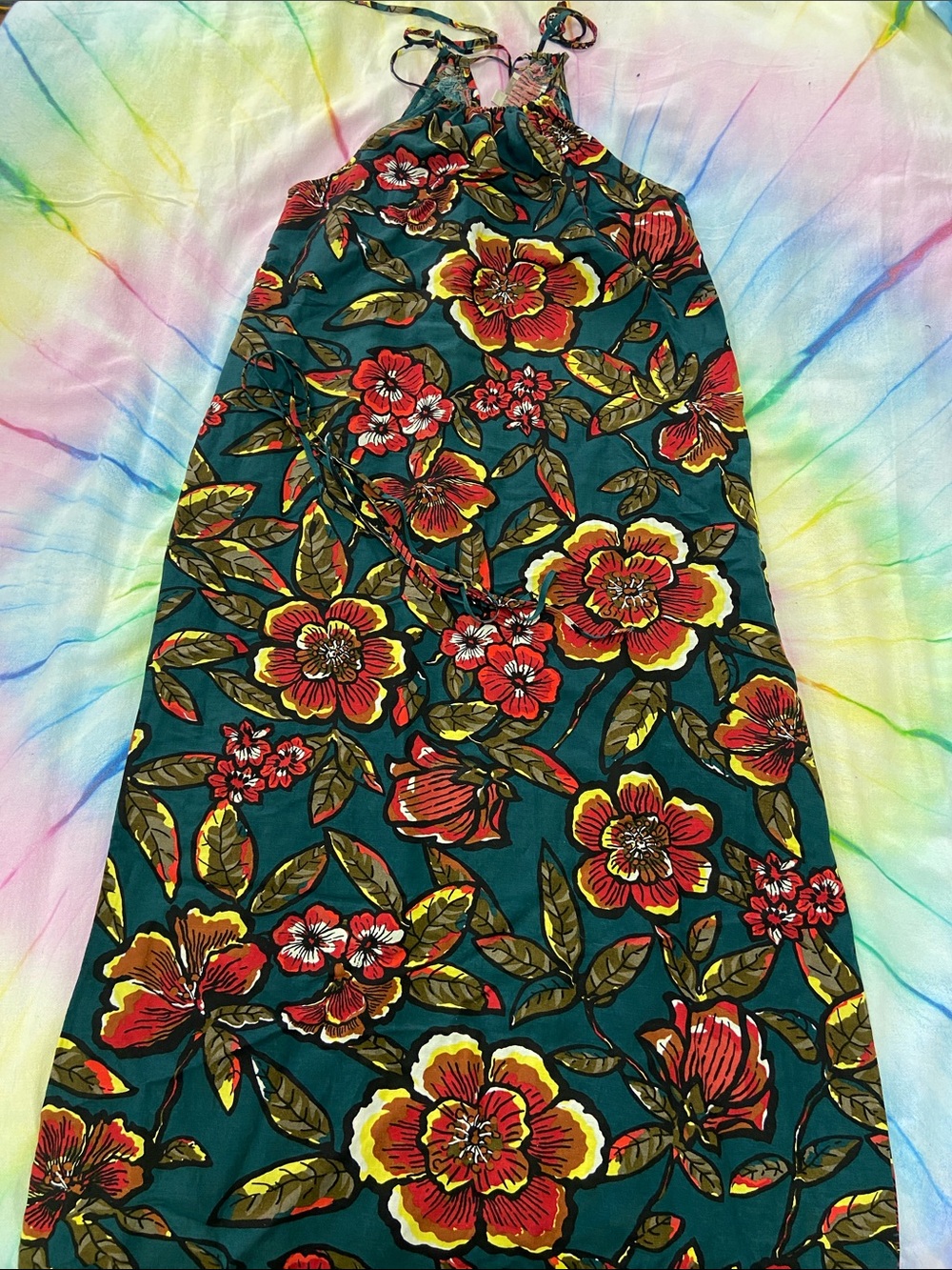 LOFT Teal Maxi Dress with Red & Yellow Floral Print